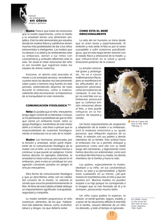11
Madre: Parece que todas las emociones
que la madre experimenta, como el miedo
y la ansiedad tienen una dimensión sim-
pática. Esto ha sido demostrado por estudios
donde las madres felices y satisfechas tienen
muchas más posibilidades de dar a luz niños
extrovertidos e inteligentes. Las madres que
no desean a su bebé y las ambivalentes ante
su embarazo, darían a luz niños con
características y actitudes diferentes ante la
vida. Sin duda el radar emocional del niño
es tan sensible que registrará todos los
estados de ánimo maternos.
Inclusive, el aborto está asociado al
miedo o a la ansiedad excesiva, recordemos
cuantas veces las abuelas nos han prevenido
sobre sustos o temores muy fuertes en este
período, pretendiendo alejarnos de todo
durante el embarazo, como si tradicio-
nalmente ellas reconocieran la importancia
de la tranquilidad en este momento.
COMUNICACION FISIOLOGICA 9(1)
Niño: Es posible que el niño intrauterino
tenga algún control de su bienestar, e incluso
se ha planteado la posibilidad de que el niño
que siente un ambiente hostil, retire su
apoyo fisiológico, haciéndose de este modo
daño a sí mismo, esto lleva a pensar que la
responsabilidad de sustentar fisiológica-
mente el embarazo no es solo de la madre.
Madre: Las hormonas provocadas por
la tensión y ansiedad, serían parte impor-
tante de la comunicación fisiológica de la
madre con el niño, es la ansiedad intensa o
continua la que puede ser peligrosa. Como
hemos descrito en ejemplos anteriores, la
ansiedad es hasta cierto punto natural en el
embarazo, pero si esta se constituye en una
agresión constante pondría en peligro el
vínculo intrauterino.
Otra forma de comunicación fisiológica
y que ya describimos antes son los latidos
del corazón de la madre, es además el
sonido que escucha predominantemente el
feto. Al ritmo de estos latidos el bebé atribuye
un importantísimo significado: tranquilidad,
seguridad y compañía.
La madre también proporciona al niño
sustancias: alimentos, de los que hablare-
mos más adelante; tóxicos, como el alcohol,
tabaco y drogas, los que debería evitar.
COMO ESTA EL BEBÉ
EMOCIONALMENTE
La vida del ser humano se inicia desde
que se unen óvulo y espermatozoide. El
embrión y más tarde el feto es por lo tanto
susceptible a sufrir trastornos psicofisioló-
gicos, que en esta etapa tienen relación con
el estado físico y emocional de la madre, y
que influenciarán en la salud y ajuste
emocional posterior de la criatura.
La tensión emocio-
nal grave y prolonga-
da, no va a causar
malformaciones físicas,
pero se manifestará en
las dificultades de a-
daptación póstnatal,
como los trastornos de
conducta. Si una mu-
jer no está feliz con su
embarazo provocará
que su continua ten-
sión emocional afecte
al feto, y esta puede
reflejarse en la fre-
cuencia de nauseas y
vómito.
Un factor importantísimo de aceptación
y adaptación de la madre a su embarazo,
será la madurez emocional y su ajuste
personal, que reflejarán aspectos de su
niñez, la relación con sus padres y demás
miembros de su familia. Esta actitud hacia
el embarazo nos va a permitir anticipar y
pronosticar como será ella con su bebé
luego del nacimiento, y lógicamente como
hemos descrito con anterioridad, como será
la actitud del niño hacia su madre, los demás
miembros de la familia y hacia la vida.
Los padres, especialmente la madre,
idealizan a su niño, en sus características
físicas, su sexo y su personalidad, y fijarán
estas cualidades en su mente, ¿de qué
manera le trasmitimos esto al niño y que tan
positivo es?. Muchas madres no pueden
aceptar a su hijo porque no corresponde a
la imagen que se han formado de él y lo
rechazan, provocando mucho daño.
Un niño cuyos padres lo esperan, lo
desean, se siente querido, seguro, estable, y
a pesar de las situaciones difíciles él está feliz
en el vientre, actuará diferente de un niño
no deseado, y todo el tiempo es ignorado.
9(1) VERNY, Tomas,
La vida secreta del
niño antes de nacer,
Urano, Argentina.
1988. Pag90
Feto de 3 meses (Así
nace un niño, Salvat
1986 pag. 1)
11
 