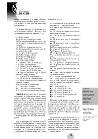34
ingerirla diariamente, y es mejor consumir
alimentos frescos y crudos, pues, la exposi-
ción a la luz, el calor y el aire, destruyen
esta vitamina. 46(10)
Se deberá consumir por lo menos dos
de las siguientes raciones cada día o una
combinación equivalente a dos raciones:
1. Media toronja.
2. Media taza de jugo de toronja.
3. Una taza de jugo de limón (mejor con
sorbete para no dañar el esmalte de los
dientes).
4. Media taza de jugo de naranja.
5. Dos cucharadas soperas de jugo de
naranja concentrada.
6. 250 gramos de mandarina.
7. Medio mango mediano.
8. Media taza de papaya .
9. Medio melón pequeño.
10. Media taza de fresas.
11. Una taza y 3/4 de frambuesas.
12. Medio tomate grande.
13. Una taza de jugo de tomate.
14. 3/4 de taza de jugo de verdura.
15. Una taza de col cruda a tiras.
16. Medio pimiento rojo o verde
pequeño (mejor el verde).
17. Dos tazas de Bróculi hervido.
18. 3/4 de taza de coliflor hervida.
19. 3/4 de taza de col fresca cocinada o
coles de brúcelas.
20. 3 tazas de espinaca cruda.
21. 100 gramos de Kiwi.
22. 250 gramos de nabos crudos.
23. 200 gramos de espárragos frescos.
CALCIO. El consumo diario de calcio
que requiere la embarazada, es de cuatro
raciones diarias, para que los huesos del
bebé sean fuertes y además es vital para el
desarrollo de la musculatura, el corazón, los
nervios, la coagulación de la sangre y la
actividad enzimática. Si la madre no ingiere
suficiente calcio, ella también se verá
afectada, pues el organismo extraerá calcio
de los huesos de la madre para cubrir las
necesidades del bebé, lo que provocará que
la madre pueda sufrir más adelante osteo-
porosis.
Según investigaciones recientes el calcio
además ayudaría a prevenir la Preeclamsia
o Hipertensión gestacional. Por lo tanto la
madre deberá tomar las cuatro raciones
diarias de calcio, descritas a continuación,
que no necesariamente deben ser cuatro
vasos de leche 46(10)
1. 250 mililitros de leche o suero de leche
descremada o semidescremada.
2. 2 yogures semidescremados o descre-
mados.
3. 1/2 taza de leche evaporada desna-
tada o baja en grasa.
4. 1 taza y 3/4 de requesón bajo en
grasa.
5. 30 gramos de queso manchego
curado.
6. 40 gramos de queso manchego
semicurado.
7. 65 gramos de queso manchego fresco
8. 40 gramos de gruyere.
9. 75 gramos de camembert.
10. 65 gramos de queso de bola.
11. 1/3 de taza de leche en polvo sin
grasa.
12. 170 gramos de zumo de naranja con
suplemento de calcio.
13. 120 gramos de salmón en conserva.
14. 85 gramos de sardinas en lata con
espinas.
15. 100 gramos de caballa en lata con
espinas.
16. 2 0 3 cucharadas soperas de semillas
de sésamo molidas.
17. 1 taza de hojas verdes de col.
18. 1 taza y media de col fresca cocida.
19. 1 taza y media de hojas verdes
frescas, cocidas, de mostaza, nabo o
remolacha.
20. 2 tazas de bróculi.
21. 250 gramos de acelgas.
22. 300 gramos de espinacas.
23. 150 gramos de perejil.
24. 150 gramos de semillas de soja.
25. 10 higos secos.
La futura mamá puede completar sus
necesidades con un suplemento de calcio,
Es importante considerar también que
debemos consumir alimentos ricos en
vitamina D para fijarlo, por este motivo él
medico nos indicara si requerimos de un
suplemento vitamínico adicional en calcio y
vitamina D. 47(11)
Los alimentos ricos en vitamina D son la
leche, huevos, mantequilla, y además la
exposición directa al sol estimula la produc-
ción en el organismo de esta vitamina, pero
en dosis muy altas es tóxica, cuando
sobrepasa los niveles de la cantidad diaria
recomendada, por este motivo insistimos en
la asesoría médica. 48(12)
*ACTIVIDAD
ENZIMATICA:
Son Enzimas que se
activan y cumplen la
función de acelerar los
procesos metabólicos
relacionados con la
descomposición.
* PREECLAMSIA
Hipetensiòn
producida por el
embarazo.
47(11) HAMMERLLY,
Marcelo, Dr. Viva más
y mejor. Tomo 2,
ACES, Argentina,
1976, pag 285
48(12) Su Niño, Time
Life. USA, 1973
Pag 35
 