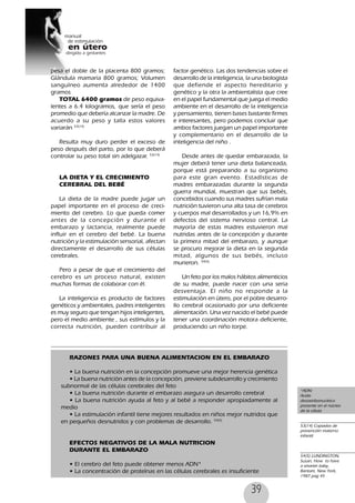39
pesa el doble de la placenta 800 gramos;
Glándula mamaria 800 gramos; Volumen
sanguíneo aumenta alrededor de 1400
gramos
TOTAL 6400 gramos de peso equiva-
lentes a 6.4 kilogramos, que sería el peso
promedio que debería alcanzar la madre. De
acuerdo a su peso y talla estos valores
variarán 53(14)
Resulta muy duro perder el exceso de
peso después del parto, por lo que deberá
controlar su peso total sin adelgazar. 53(14)
LA DIETA Y EL CRECIMIENTO
CEREBRAL DEL BEBÉ
La dieta de la madre puede jugar un
papel importante en el proceso de creci-
miento del cerebro. Lo que pueda comer
antes de la concepción y durante el
embarazo y lactancia, realmente puede
influir en el cerebro del bebé. La buena
nutrición y la estimulación sensorial, afectan
directamente el desarrollo de sus células
cerebrales.
Pero a pesar de que el crecimiento del
cerebro es un proceso natural, existen
muchas formas de colaborar con él.
La inteligencia es producto de factores
genéticos y ambientales, padres inteligentes
es muy seguro que tengan hijos inteligentes,
pero el medio ambiente , sus estímulos y la
correcta nutrición, pueden contribuir al
*ADN:
Acido
desoxiribonucleíco
presente en el núcleo
de la célula
53(14) Copiados de
prevención materno
infantil
54(5) LUNDINGTON,
Susan, How to have
a smarter baby,
Bantam, New York,
1987 pag 45
factor genético. Las dos tendencias sobre el
desarrollo de la inteligencia, la una biologista
que defiende el aspecto hereditario y
genético y la otra la ambientalista que cree
en el papel fundamental que juega el medio
ambiente en el desarrollo de la inteligencia
y pensamiento, tienen bases bastante firmes
e interesantes, pero podemos concluir que
ambos factores juegan un papel importante
y complementario en el desarrollo de la
inteligencia del niño .
Desde antes de quedar embarazada, la
mujer deberá tener una dieta balanceada,
porque está preparando a su organismo
para este gran evento. Estadísticas de
madres embarazadas durante la segunda
guerra mundial, muestran que sus bebés,
concebidos cuando sus madres sufrían mala
nutrición tuvieron una alta tasa de cerebros
y cuerpos mal desarrollados y un 16,9% en
defectos del sistema nervioso central. La
mayoría de estas madres estuvieron mal
nutridas antes de la concepción y durante
la primera mitad del embarazo, y aunque
se procuro mejorar la dieta en la segunda
mitad, algunos de sus bebés, incluso
murieron. 54(5)
Un feto por los malos hábitos alimenticios
de su madre, puede nacer con una seria
desventaja. El niño no responde a la
estimulación en útero, por el pobre desarro-
llo cerebral ocasionado por una deficiente
alimentación. Una vez nacido el bebé puede
tener una coordinación motora deficiente,
produciendo un niño torpe.
RAZONES PARA UNA BUENA ALIMENTACION EN EL EMBARAZO
• La buena nutrición en la concepción promueve una mejor herencia genética
• La buena nutrición antes de la concepción, previene subdesarrollo y crecimiento
subnormal de las células cerebrales del feto
• La buena nutrición durante el embarazo asegura un desarrollo cerebral
• La buena nutrición ayuda al feto y al bebé a responder apropiadamente al
medio
• La estimulación infantil tiene mejores resultados en niños mejor nutridos que
en pequeños desnutridos y con problemas de desarrollo. 54(5)
EFECTOS NEGATIVOS DE LA MALA NUTRICION
DURANTE EL EMBARAZO
• El cerebro del feto puede obtener menos ADN*
• La concentración de proteínas en las células cerebrales es insuficiente
 