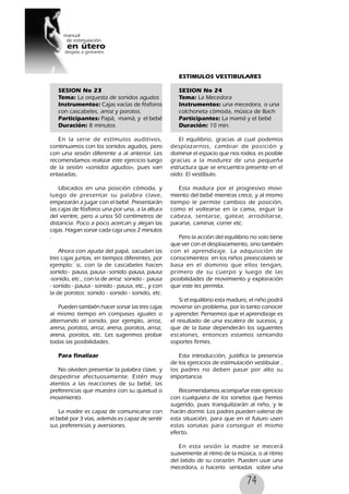 74
SESION No 23
Tema: La orquesta de sonidos agudos
Instrumentos: Cajas vacías de fósforos
con cascabeles, arroz y porotos.
Participantes: Papá, mamá, y el bebé
Duración: 8 minutos
En la serie de estímulos auditivos,
continuamos con los sonidos agudos, pero
con una sesión diferente a al anterior. Les
recomendamos realizar este ejercicio luego
de la sesión «sonidos agudos», pues van
enlazadas.
Ubicados en una posición cómoda, y
luego de presentar su palabra clave,
empezarán a jugar con el bebé. Presentarán
las cajas de fósforos una por una, a la altura
del vientre, pero a unos 50 centímetros de
distancia. Poco a poco acercan y alejan las
cajas. Hagan sonar cada caja unos 2 minutos
.
Ahora con ayuda del papá, sacudan las
tres cajas juntas, en tiempos diferentes, por
ejemplo: si, con la de cascabeles hacen
sonido - pausa, pausa - sonido -pausa, pausa
-sonido, etc., con la de arroz: sonido - pausa
- sonido - pausa - sonido - pausa, etc., y con
la de porotos: sonido - sonido - sonido, etc.
Pueden también hacer sonar las tres cajas
al mismo tiempo en compases iguales o
alternando el sonido, por ejemplo, arroz,
arena, porotos, arroz, arena, porotos, arroz,
arena, porotos, etc. Les sugerimos probar
todas las posibilidades.
Para finalizar
No olviden presentar la palabra clave, y
despedirse afectuosamente. Estén muy
atentos a las reacciones de su bebé, las
preferencias que muestra con su quietud o
movimiento.
La madre es capaz de comunicarse con
el bebé por 3 vías, además es capaz de sentir
sus preferencias y aversiones.
ESTIMULOS VESTIBULARES
SESION No 24
Tema: La Mecedora
Instrumentos: una mecedora, o una
colchoneta cómoda, música de Bach
Participantes: La mamá y el bebé
Duración: 10 min.
El equilibrio, gracias al cual podemos
desplazarnos, cambiar de posición y
dominar el espacio que nos rodea, es posible
gracias a la madurez de una pequeña
estructura que se encuentra presente en el
oído: El vestíbulo.
Esta madura por el progresivo movi-
miento del bebé mientras crece, y al mismo
tiempo le permite cambios de posición,
como el voltearse en la cama, erguir la
cabeza, sentarse, gatear, arrodillarse,
pararse, caminar, correr etc.
Pero la acción del equilibrio no solo tiene
que ver con el desplazamiento, sino también
con el aprendizaje. La adquisición de
conocimientos en los niños preescolares se
basa en el dominio que ellos tengan,
primero de su cuerpo y luego de las
posibilidades de movimiento y exploración
que este les permita.
Si el equilibrio esta maduro, el niño podrá
moverse sin problema, por lo tanto conocer
y aprender. Pensemos que el aprendizaje es
el resultado de una escalera de sucesos, y
que de la base dependerán los siguientes
escalones, entonces estamos sentando
soportes firmes.
Esta introducción, justifica la presencia
de los ejercicios de estimulación vestibular ,
los padres no deben pasar por alto su
importancia.
Recomendamos acompañar este ejercicio
con cualquiera de los sonetos que hemos
sugerido, pues tranquilizarán al niño, y le
harán dormir. Los padres pueden valerse de
esta situación, para que en el futuro usen
estas sonatas para conseguir el mismo
efecto.
En esta sesión la madre se mecerá
suavemente al ritmo de la música, o al ritmo
del latido de su corazón. Pueden usar una
mecedora, o hacerlo sentadas sobre una
 