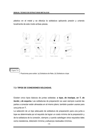 MANUAL TECNICO DE ESTRUCTURAS METALICAS
156
plástico en el metal y se efectúa la soldadura aplicando presión y uniendo
localmente de este modo ambas piezas.
.- Posiciones para soldar: (a) Soldadura de filete, (b) Soldadura a tope
7.3- TIPOS DE CONEXIONES SOLDADAS.
Existen cinco tipos básicos de juntas soldadas: a tope, de traslape, en T, de
borde y de esquina. Las soldaduras de preparación se usan siempre cuando las
partes a conectar están alineadas en el mismo plano; también pueden usarse para
una junta en T.
La selección de un tipo adecuado de soldadura de preparación para una junta a
tope es determinada por el requisito de lograr un costo mínimo de la preparación y
de la soldadura de la conexión, siempre y cuando satisfagan otros requisitos tales
como resistencia, distorsión mínima y esfuerzos residuales mínimos.
Figura 7-4
 