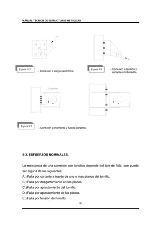 MANUAL TECNICO DE ESTRUCTURAS METALICAS
181
8-3. ESFUERZOS NOMINALES.
La resistencia de una conexión con tornillos depende del tipo de falla, que puede
ser alguna de las siguientes:
A.) Falla por cortante a través de uno o mas planos del tornillo.
B.) Falla por desgarramiento en las placas.
C.) Falla por aplastamiento del tornillo.
D.) Falla por aplastamiento de las placas.
E.) Falla por tensión del tornillo.
Figura 8-5
-. Conexión a carga excéntrica
Figura 8-6 -. Conexión a tensión y
cortante combinados
Figura 8-7
-. Conexión a momento y fuerza cortante.
 