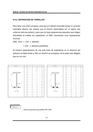 MANUAL TECNICO DE ESTRUCTURAS METALICAS
185
8-4-2. SEPARACION DE TORNILLOS.
Para tener una junta compacta, para que el material conectado tenga un contacto
razonable efectivo (de manera que la fricción desarrollada por el agarre sea
uniforme entre las partes) y para que no haya separaciones pequeñas que traigan
dificultades al instalar los sujetadores, el AISC recomienda unas separaciones
mínimas.
AISC Smin = 2.67 x diámetro
= 3.00 x diámetro (preferible)
El máximo espaciamiento de una sola línea de sujetadores en la dirección del
esfuerzo se debe limitar a 12 t, en donde t es el espesor de la parte más delgada
que se va a unir.
-. Tabla de gramiles para perfiles IPE e IPN.
Tabla 8-11
 