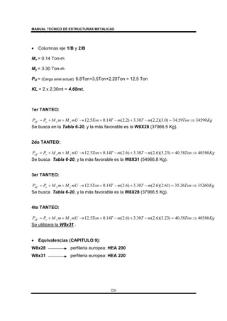 MANUAL TECNICO DE ESTRUCTURAS METALICAS
226
• Columnas eje 1/B y 2/B
Mx = 0.14 Ton-m
My = 3.30 Ton-m
PO = (Carga axial actual) 6.8Ton+3.5Ton+2.20Ton = 12.5 Ton
KL = 2 x 2.30mt = 4.60mt.
1er TANTEO:
KgTonmTmTTonmUMmMPP yxoeff 3459059.34)0.3)(2.2(30.3)2.2(14.05.12 ⇒=−+−+→++=
Se busca en la Tabla 6-20, y la más favorable es la W8X28 (37966.5 Kg).
2do TANTEO:
KgTonmTmTTonmUMmMPP yxoeff 4058058.40)23.3)(6.2(30.3)6.2(14.05.12 ⇒=−+−+→++=
Se busca Tabla 6-20, y la más favorable es la W8X31 (54966.8 Kg).
3er TANTEO:
KgTonmTmTTonmUMmMPP yxoeff 3526026.35)61.2)(6.2(30.3)6.2(14.05.12 ⇒=−+−+→++=
Se busca Tabla 6-20, y la más favorable es la W8X28 (37966.5 Kg).
4to TANTEO:
KgTonmTmTTonmUMmMPP yxoeff 4058058.40)23.3)(6.2(30.3)6.2(14.05.12 ⇒=−+−+→++=
Se utilizara la W8x31 .
• Equivalencias (CAPITULO 9):
W8x28 perfileria europea: HEA 200
W8x31 perfileria europea: HEA 220
 
