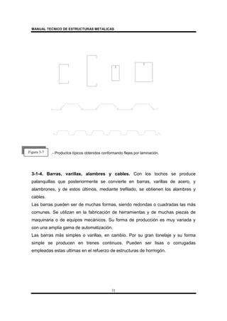 MANUAL TECNICO DE ESTRUCTURAS METALICAS
31
.- Productos típicos obtenidos conformando flejes por laminación.
3-1-4. Barras, varillas, alambres y cables. Con los tochos se produce
palanquillas que posteriormente se convierte en barras, varillas de acero, y
alambrones, y de estos últimos, mediante trefilado, se obtienen los alambres y
cables.
Las barras pueden ser de muchas formas, siendo redondas o cuadradas las más
comunes. Se utilizan en la fabricación de herramientas y de muchas piezas de
maquinaria o de equipos mecánicos. Su forma de producción es muy variada y
con una amplia gama de automatización.
Las barras más simples o varillas, en cambio. Por su gran tonelaje y su forma
simple se producen en trenes continuos. Pueden ser lisas o corrugadas
empleadas estas ultimas en el refuerzo de estructuras de hormigón.
Figura 3-7
 