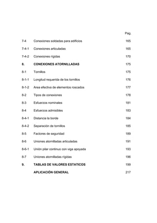 Pag.
7-4 Conexiones soldadas para edificios 165
7-4-1 Conexiones articuladas 165
7-4-2 Conexiones rígidas 170
8. CONEXIONES ATORNILLADAS 175
8-1 Tornillos 175
8-1-1 Longitud requerida de los tornillos 176
8-1-2 Area efectiva de elementos roscados 177
8-2 Tipos de conexiones 178
8-3 Esfuerzos nominales 181
8-4 Esfuerzos admisibles 183
8-4-1 Distancia la borde 184
8-4-2 Separación de tornillos 185
8-5 Factores de seguridad 189
8-6 Uniones atornilladas articuladas 191
8-6-1 Unión pilar continuo con viga apoyada 193
8-7 Uniones atornilladas rígidas 196
9. TABLAS DE VALORES ESTATICOS 199
APLICACIÓN GENERAL 217
 