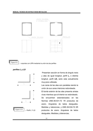MANUAL TECNICO DE ESTRUCTURAS METALICAS
55
.- soportes con UPN mediante la unión de dos perfiles
perfiles L y LD
.- Perfil L Y LD
Presentan sección en forma de ángulo recto
y alas de igual longitud, perfil L, o distinta
longitud, perfil LD, serie esta actualmente
muy poco utilizada.
Las caras de las alas son paralelas siendo la
unión de sus caras interiores redondeada.
El borde exterior de las alas presenta aristas
vivas mientras que el interior es redondeado.
Se encuentran estandarizados en las
Normas UNE-36-531-72 1R productos de
acero. Angulares de lados desiguales.
Medidas y tolerancias, y UNE-36-532-72 2R
productos de acero. Angulares de lados
desiguales. Medidas y tolerancias.
Figura 4-9
Figura 4-10
 