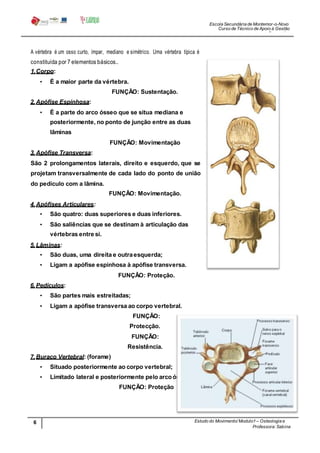 Escola Secundária de Montemor-o-Novo
Curso de Técnico de Apoio à Gestão
Desportiva
Professora: Sabina
Tique
6
7
Estudo do Movimento/ Modulo1– Osteologia e
Artrologia
A vértebra é um osso curto, ímpar, mediano e simétrico. Uma vértebra típica é
constituída por 7 elementos básicos..
1.Corpo:
• É a maior parte da vértebra.
FUNÇÃO: Sustentação.
2.Apófise Espinhosa:
• É a parte do arco ósseo que se situa mediana e
posteriormente, no ponto de junção entre as duas
lâminas
FUNÇÃO: Movimentação
3.Apófise Transversa:
São 2 prolongamentos laterais, direito e esquerdo, que se
projetam transversalmente de cada lado do ponto de união
do pedículo com a lâmina.
FUNÇÃO: Movimentação.
4.Apófises Articulares:
• São quatro: duas superiores e duas inferiores.
• São saliências que se destinam à articulação das
vértebras entre si.
5.Lâminas:
• São duas, uma direita e outraesquerda;
• Ligam a apófise espinhosa à apófise transversa.
FUNÇÃO: Proteção.
6.Pedículos:
• São partes mais estreitadas;
• Ligam a apófise transversa ao corpo vertebral.
FUNÇÃO:
Protecção.
FUNÇÃO:
Resistência.
7.Buraco Vertebral: (forame)
• Situado posteriormente ao corpo vertebral;
• Limitado lateral e posteriormente pelo arco ósseo.
FUNÇÃO: Proteção
 