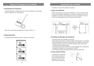 Instalación de la Estufa 
La Estufa no requiere de instalación especial 
Lugar de instalación 
Ubique la Estufa en una superficie resistente y a nivel en forma vertical 
en una zona ventilada. Asegúrese de colocarla con espacios libres a su 
alrededor para evitar la acumulación de calor y que trabajen en forma 
correcta los respiraderos de la parte externa de la estufa. 
15 Cm 
20 Cm 
Condiciones del lugar de instalación 
 
 
 
 
 
 
La estufa debe estar ubicada en interiores. 
Evite lugares expuestos a cambios súbitos de temperatura y humedad. 
Evite los lugares en donde la estufa pueda sufrir golpes o vibraciones. 
Coloque la estufa cerca de un enchufe de pared de tal manera que 
pueda facilmente desenchufarla. 
La temperatura ambiente deberá ser 5ºC por debajo de la temperatura 
deseada en la Estufa y en el rango de 5ºC a 40ºC. 
La Humedad relativa ambiente máxima podrá ser hasta 70%. 
Como colocar la ficha 
La estufa debe conectarse 
como indica el gráfico en 
la red eléctrica que posea 
descarga a tierra, con la 
tensión que corresponda. 
15 Cm 
20 Cm 
15 Cm 
3 
Modo de Transporte de la Estufa 
Instrumento de transporte 
La Estufa deberá ser transportada con carro de transporte y maniobrada 
para su instalación por dos personas. 
Nota: Ver condiciones de transporte en Tabla 1 de Pag. 12. 
Almacenamiento 
Las Estufas podrán apilarse hasta un máximo de 3 hileras. 
GARANTIA 
SAN JOR DE 
CALIDAD 
GARANTIA 
SAN JOR DE 
CALIDAD 
1 Estufa de: Cultivo 
Medidas internas: 60 x 40 x 40 
Control: Termorregulador Electrónico 
Cod.Int.: 11-0200-0 P.Neto: 43Kg 
Medidas con Embalaje en Cm: 82 x 59 x 80 (FrexFonxAlt) 
SAN JOR GARANTIA 
14 
Mínimo 
de espacio 
libre 
SL60C 
1 Estufa de: Cultivo 
Medidas internas: 60 x 40 x 40 
Control: Termorregulador Electrónico 
Cod.Int.: 11-0200-0 P.Neto: 43Kg 
Medidas con Embalaje en Cm: 82 x 59 x 80 (FrexFonxAlt) 
SL60C 
1 Estufa de: Cultivo 
Medidas internas: 60 x 40 x 40 
Control: Termorregulador Electrónico 
Cod.Int.: 11-0200-0 P.Neto: 43Kg 
Medidas con Embalaje en Cm: 82 x 59 x 80 (FrexFonxAlt) 
SAN JOR 
P.Bruto: 46Kg 
SAN JOR 
P.Bruto: 46Kg 
DE 
CALIDAD 
INDUSTRIA ARGENTINA 
MODELO 
INDUSTRIA ARGENTINA 
MODELO 
INDUSTRIA ARGENTINA 
MODELO 
SL60C 
SAN JOR 
P.Bruto: 46Kg 
 