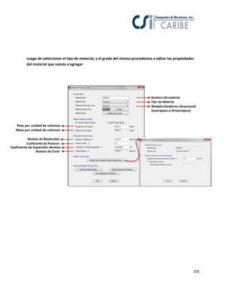 105
Luego de seleccionar el tipo de material, y el grado del mismo procedemos a editar las propiedades
del material que vamos a agregar
 