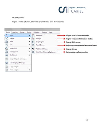 163
7.a Joint ( Punto)
Asignar a Juntas y Puntos, diferentes propiedades y tipos de reacciones.
 