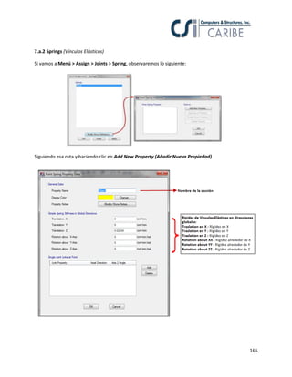 165
7.a.2 Springs (Vínculos Elásticos)
Si vamos a Menú > Assign > Joints > Spring, observaremos lo siguiente:
Siguiendo esa ruta y haciendo clic en Add New Property (Añadir Nueva Propiedad)
 