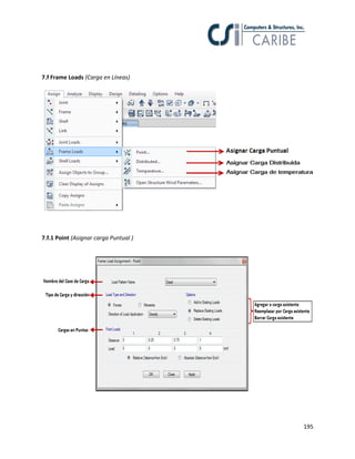 195
7.f Frame Loads (Carga en Líneas)
7.f.1 Point (Asignar carga Puntual )
 
