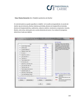224
View / Revise Overwrite (Ver / Redefinir parámetros de Diseño)
En este formulario se puede especificar o redefinir en la casilla correspondiente, la sección de
diseño, tipo de elemento, flechas máximas permitidas, factores de longitud No arriostrada,
factores de longitud efectiva, coeficientes, esfuerzo cedente, resistencia a compresión, tracción,
flexión, entre otros, tanto para uno o varios elementos de acero. Si se coloca 0 el programa
determina el valor por defecto.
 