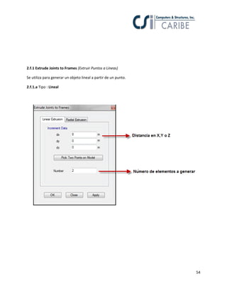 54
2.f.1 Extrude Joints to Frames (Extruir Puntos a Líneas)
Se utiliza para generar un objeto lineal a partir de un punto.
2.f.1.a Tipo : Lineal
 