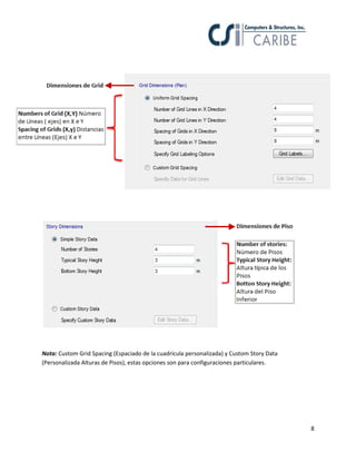 8
Nota: Custom Grid Spacing (Espaciado de la cuadrícula personalizada) y Custom Story Data
(Personalizada Alturas de Pisos), estas opciones son para configuraciones particulares.
 