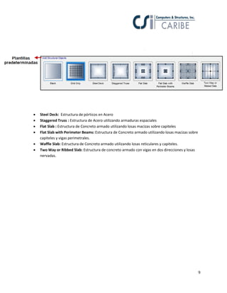 9
 Steel Deck: Estructura de pórticos en Acero
 Staggered Truss : Estructura de Acero utilizando armaduras espaciales
 Flat Slab : Estructura de Concreto armado utilizando losas macizas sobre capiteles
 Flat Slab with Perimeter Beams: Estructura de Concreto armado utilizando losas macizas sobre
capiteles y vigas perimetrales.
 Waffle Slab: Estructura de Concreto armado utilizando losas reticulares y capiteles.
 Two Way or Ribbed Slab: Estructura de concreto armado con vigas en dos direcciones y losas
nervadas.
 
