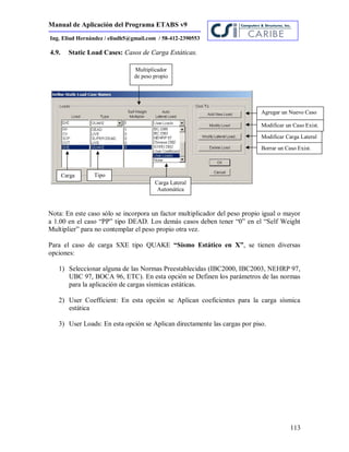 Manual de Aplicación del Programa ETABS v9
113
Ing. Eliud Hernández / eliudh5@gmail.com / 58-412-2390553
4.9. Static Load Cases: Casos de Carga Estáticas.
Nota: En este caso sólo se incorpora un factor multiplicador del peso propio igual o mayor
a 1.00 en el caso “PP” tipo DEAD. Los demás casos deben tener “0” en el “Self Weight
Multiplier” para no contemplar el peso propio otra vez.
Para el caso de carga SXE tipo QUAKE “Sismo Estático en X”, se tienen diversas
opciones:
1) Seleccionar alguna de las Normas Preestablecidas (IBC2000, IBC2003, NEHRP 97,
UBC 97, BOCA 96, ETC). En esta opción se Definen los parámetros de las normas
para la aplicación de cargas sísmicas estáticas.
2) User Coefficient: En esta opción se Aplican coeficientes para la carga sísmica
estática
3) User Loads: En esta opción se Aplican directamente las cargas por piso.
Carga Tipo
Multiplicador
de peso propio
Agregar un Nuevo Caso
Modificar un Caso Exist.
Borrar un Caso Exist.
Carga Lateral
Automática
Modificar Carga Lateral
 