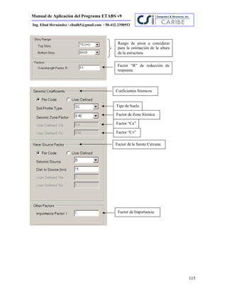Manual de Aplicación del Programa ETABS v9
115
Ing. Eliud Hernández / eliudh5@gmail.com / 58-412-2390553
Rango de pisos a considerar
para la estimación de la altura
de la estructura.
Factor “R” de reducción de
respuesta
Coeficientes Sísmicos
Tipo de Suelo
Factor de Zona Sísmica
Factor “Ca”
Factor “Cv”
Factor de la fuente Cercana.
Factor de Importancia.
 