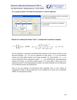 Manual de Aplicación del Programa ETABS v9
118
Ing. Eliud Hernández / eliudh5@gmail.com / 58-412-2390553
Si se escoge la opción “Overrides Eccentricities” se tiene lo siguiente:
Método de Combinación Modal “CQC”: Combinación Cuadrática Completa
En esta expresión: r representa una determinada respuesta al movimiento sísmico en una
dirección definida; ri y rj son las respuestas en cada modo i y j a ese movimiento
sísmico, las cuales deben tomarse con el signo asociado a la forma modal; ωi, y ωj
son las frecuencias de los respectivos modos; ξ, es el coeficiente de amortiguamiento
respecto del crítico, el cual debe tomarse igual a 5% (caso típico). Nótese que en la
expresión anterior N está representando el número de modos utilizado en la combinación,
y no el número de pisos de la edificación.
Para el caso de sistemas con frecuencias bien separadas entre sí, este criterio de
combinación tiende al clásico dado por la raíz cuadrada de la suma de los cuadrados
“SRSS” de cada máximo modal.
Reescribir Excentricidades: Definir Excentricidad
en Longitud por Diafragma.
Piso Diafragma
(TIPO)
Excentricidad en Longitud en el diafragma
seleccionado.
 
