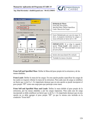Manual de Aplicación del Programa ETABS v9
124
Ing. Eliud Hernández / eliudh5@gmail.com / 58-412-2390553
From Self and Specified Mass: Define la Masa del peso propio de la estructura y de las
masas añadidas.
From Loads: Define la masa de las cargas. En esta opción puedes especificar las cargas de
las cuales se requiere obtener la masa de la estructura. Para cada caso de carga se establece
un factor que va de 0 a 1. Es importante destacar que en esta opción se puede incorporar el
peso propio “PP” como una carga para que participe como masa.
From Self and Specified Mass and Loads: Define la masa debido al peso propio de la
estructura, por las masas añadidas y por las cargas impuestas. Para cada caso de carga
incorporado se debe establecer un factor que va de 0 a 1. Es importante destacar que en esta
opción no se debe agregar el peso propio “PP” ya que la misma esta incluida en la
condición “From Self”.
IMPORTANTE: Si se elige la segunda
opción “From Loads”, debe incluirse el
caso de carga “PP” para contemplar la masa
por peso propio.
Factor Multiplicador por caso de carga. Es
decir, el programa transforma las cargas a
masas utilizando un factor de 0 a 1.00
Casos de
Carga
Factor de participación
de masa.
CASO 2
Definición de Masas:
From Self: Peso propio
Specified Mass: Masas Específicas.
Loads: Masa de las Cargas
Incluir sólo masa lateral (No vertical)
Trasladar las masas a los pisos
 
