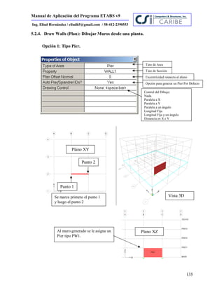 Manual de Aplicación del Programa ETABS v9
135
Ing. Eliud Hernández / eliudh5@gmail.com / 58-412-2390553
5.2.4. Draw Walls (Plan): Dibujar Muros desde una planta.
Opción 1: Tipo Pier.
Tipo de Area
Tipo de Sección
Excentricidad respecto al plano
Opción para generar un Pier Por Defecto
Control del Dibujo:
Nada.
Paralela a X
Paralela a Y
Paralela a un ángulo
Longitud Fija
Longitud Fija y un ángulo
Distancia en X e Y
Punto 1
Punto 2
Plano XZ
Vista 3DSe marca primero el punto 1
y luego el punto 2
Al muro generado se le asigna un
Pier tipo PW1.
Plano XY
 