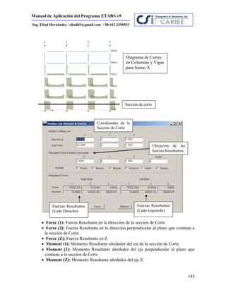 Manual de Aplicación del Programa ETABS v9
145
Ing. Eliud Hernández / eliudh5@gmail.com / 58-412-2390553
 Force (1): Fuerza Resultante en la dirección de la sección de Corte.
 Force (2): Fuerza Resultante en la dirección perpendicular al plano que contiene a
la sección de Corte.
 Force (Z): Fuerza Resultante en Z.
 Moment (1): Momento Resultante alrededor del eje de la sección de Corte.
 Moment (2): Momento Resultante alrededor del eje perpendicular al plano que
contiene a la sección de Corte
 Moment (Z): Momento Resultante alrededor del eje Z.
Diagrama de Cortes
en Columnas y Vigas
para Sismo X
Sección de corte
Fuerzas Resultantes
(Lado Izquierdo)
Fuerzas Resultantes
(Lado Derecho)
Coordenadas de la
Sección de Corte
Ubicación de las
fuerzas Resultantes.
 