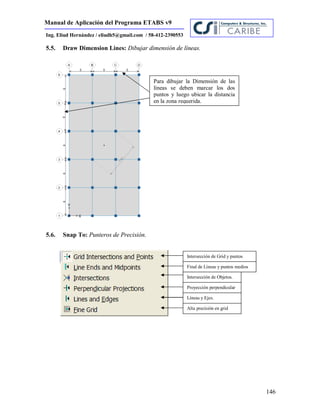 Manual de Aplicación del Programa ETABS v9
146
Ing. Eliud Hernández / eliudh5@gmail.com / 58-412-2390553
5.5. Draw Dimension Lines: Dibujar dimensión de líneas.
5.6. Snap To: Punteros de Precisión.
Intersección de Grid y puntos
Final de Líneas y puntos medios
Intersección de Objetos.
Proyección perpendicular
Líneas y Ejes.
Alta precisión en grid
Para dibujar la Dimensión de las
líneas se deben marcar los dos
puntos y luego ubicar la distancia
en la zona requerida.
 