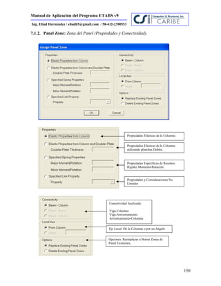 Manual de Aplicación del Programa ETABS v9
150
Ing. Eliud Hernández / eliudh5@gmail.com / 58-412-2390553
7.1.2. Panel Zone: Zona del Panel (Propiedades y Conectividad).
Propiedades Elásticas de la Columna
Propiedades Elásticas de la Columna
utilizando planchas Dobles.
Propiedades Específicas de Resortes:
Rigidez Momento/Rotación.
Propiedades y Consideraciones No
Lineales
Conectividad Analizada:
Viga-Columna
Viga-Arriostramiento
Arriostramiento-Columna
Eje Local: De la Columna o por un Angulo
Opciones: Reemplazar o Borrar Zonas de
Panel Existentes,
 
