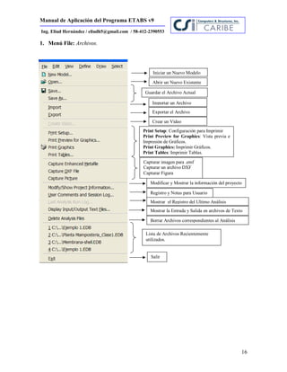 Manual de Aplicación del Programa ETABS v9
16
Ing. Eliud Hernández / eliudh5@gmail.com / 58-412-2390553
1. Menú File: Archivos.
Iniciar un Nuevo Modelo
Abrir un Nuevo Existente
Guardar el Archivo Actual
Importar un Archivo
Exportar el Archivo
Crear un Video
Print Setup: Configuración para Imprimir
Print Preview for Graphics: Vista previa e
Impresión de Gráficos.
Print Graphics: Imprimir Gráficos.
Print Tables: Imprimir Tablas.
Capturar imagen para .emf
Capturar un archivo DXF
Capturar Figura
Modificar y Mostrar la información del proyecto
Registro y Notas para Usuario
Mostrar la Entrada y Salida en archivos de Texto
Borrar Archivos correspondientes al Análisis
Lista de Archivos Recientemente
utilizados.
Salir
Mostrar el Registro del Ultimo Análisis
 
