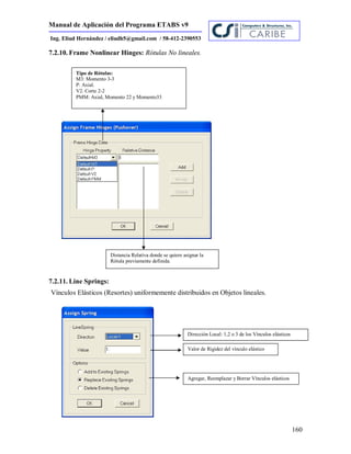 Manual de Aplicación del Programa ETABS v9
160
Ing. Eliud Hernández / eliudh5@gmail.com / 58-412-2390553
7.2.10. Frame Nonlinear Hinges: Rótulas No lineales.
7.2.11. Line Springs:
Vínculos Elásticos (Resortes) uniformemente distribuidos en Objetos lineales.
Distancia Relativa donde se quiere asignar la
Rótula previamente definida.
Tipo de Rótulas:
M3: Momento 3-3
P: Axial.
V2: Corte 2-2
PMM: Axial, Momento 22 y Momento33
Dirección Local: 1,2 o 3 de los Vínculos elásticos
Valor de Rigidez del vínculo elástico
Agregar, Reemplazar y Borrar Vínculos elásticos
 