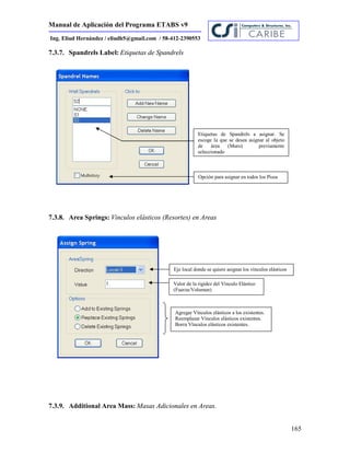 Manual de Aplicación del Programa ETABS v9
165
Ing. Eliud Hernández / eliudh5@gmail.com / 58-412-2390553
7.3.7. Spandrels Label: Etiquetas de Spandrels
7.3.8. Area Springs: Vinculos elásticos (Resortes) en Areas
7.3.9. Additional Area Mass: Masas Adicionales en Areas.
Etiquetas de Spandrels a asignar. Se
escoge la que se desea asignar al objeto
de área (Muro) previamente
seleccionado
Opción para asignar en todos los Pisos
Eje local donde se quiere asignar los vínculos elásticos
Valor de la rigidez del Vinculo Elástico
(Fuerza/Volumen)
Agregar Vínculos elásticos a los existentes.
Reemplazar Vínculos elásticos existentes.
Borra Vínculos elásticos existentes.
 