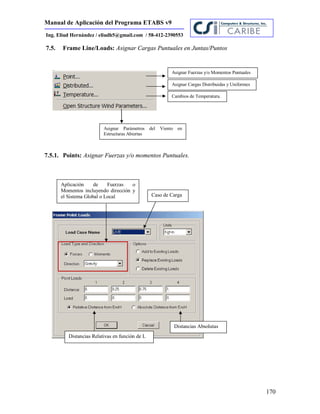 Manual de Aplicación del Programa ETABS v9
170
Ing. Eliud Hernández / eliudh5@gmail.com / 58-412-2390553
7.5. Frame Line/Loads: Asignar Cargas Puntuales en Juntas/Puntos
7.5.1. Points: Asignar Fuerzas y/o momentos Puntuales.
Asignar Fuerzas y/o Momentos Puntuales
Asignar Cargas Distribuidas y Uniformes
Cambios de Temperatura.
Asignar Parámetros del Viento en
Estructuras Abiertas
Distancias Relativas en función de L
Distancias Absolutas
Aplicación de Fuerzas o
Momentos incluyendo dirección y
el Sistema Global o Local Caso de Carga
 