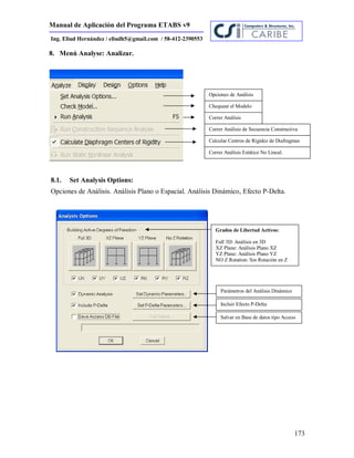 Manual de Aplicación del Programa ETABS v9
173
Ing. Eliud Hernández / eliudh5@gmail.com / 58-412-2390553
8. Menú Analyse: Analizar.
8.1. Set Analysis Options:
Opciones de Análisis. Análisis Plano o Espacial. Análisis Dinámico, Efecto P-Delta.
Opciones de Análisis
Chequear el Modelo
Correr Análisis
Correr Análisis de Secuencia Constructiva
Calcular Centros de Rigidez de Diafragmas
Correr Análisis Estático No Lineal.
Grados de Libertad Activos:
Full 3D: Análisis en 3D
XZ Plane: Análisis Plano XZ
YZ Plane: Análisis Plano YZ
NO Z Rotation: Sin Rotación en Z
Parámetros del Análisis Dinámico
Incluir Efecto P-Delta
Salvar en Base de datos tipo Access
 