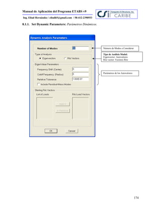 Manual de Aplicación del Programa ETABS v9
174
Ing. Eliud Hernández / eliudh5@gmail.com / 58-412-2390553
8.1.1. Set Dynamic Parameters: Parámetros Dinámicos.
Número de Modos a Considerar
Tipo de Análisis Modal:
Eigenvector: Autovalores
Ritz vector: Vectores Ritz
Parámetros de los Autovalores
 