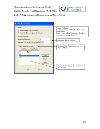 Manual de Aplicación del Programa ETABS v9
175
Ing. Eliud Hernández / eliudh5@gmail.com / 58-412-2390553
8.1.2. P-Delta Parameters: Parámetros para el Efecto P-Delta
Método a Utilizar:
Non-iterative-Based on Mass: Basado en la Masa
(Sin Iteración)
Iterative-Based on Load Combination: Basado en
combinaciones de carga (Iterativo)
Control del proceso Iterativo
Combinación de Cargas a considerar para
el efecto P-Delta.
Factores de participación de masa por cada
caso de carga.
 
