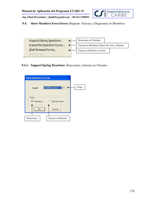 Manual de Aplicación del Programa ETABS v9
179
Ing. Eliud Hernández / eliudh5@gmail.com / 58-412-2390553
9.4. Show Members Force/Stress Diagram: Fuerzas y Diagramas en Miembros
9.4.1. Support/Spring Reactions: Reacciones y fuerzas en Vínculos.
Reacciones en Vínculos
Fuerzas en Miembros, Muros de Corte y Dinteles
Fuerzas y Esfuerzos en Areas.
Reacciones Fuerzas en Resortes
Carga
 