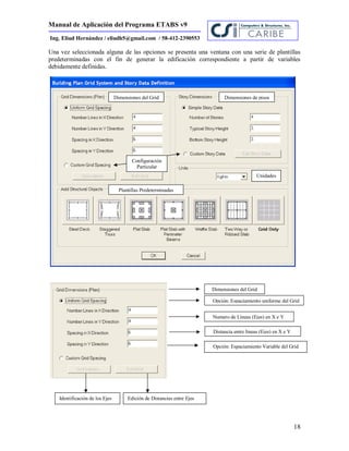 Manual de Aplicación del Programa ETABS v9
18
Ing. Eliud Hernández / eliudh5@gmail.com / 58-412-2390553
Una vez seleccionada alguna de las opciones se presenta una ventana con una serie de plantillas
predeterminadas con el fin de generar la edificación correspondiente a partir de variables
debidamente definidas.
Dimensiones del Grid
Opción: Espaciamiento uniforme del Grid
Numero de Líneas (Ejes) en X e Y
Distancia entre líneas (Ejes) en X e Y
Opción: Espaciamiento Variable del Grid
Identificación de los Ejes Edición de Distancias entre Ejes
Dimensiones del Grid Dimensiones de pisos
Plantillas Predeterminadas
Configuración
Particular
Unidades
 