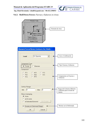 Manual de Aplicación del Programa ETABS v9
185
Ing. Eliud Hernández / eliudh5@gmail.com / 58-412-2390553
9.4.3. Shell/Stress Forces: Fuerzas y Esfuerzos en Areas.
Caso o Combinación
Tipo: Fuerzas y Esfuerzos
Componentes en Fuerzas o
Esfuerzos
Rango del Contorno (Máximo
y Mínimo) para la escala de
valores
Mostrar con la Deformada
Elemento de Area
 