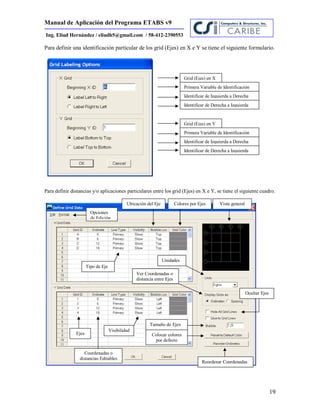 Manual de Aplicación del Programa ETABS v9
19
Ing. Eliud Hernández / eliudh5@gmail.com / 58-412-2390553
Para definir una identificación particular de los grid (Ejes) en X e Y se tiene el siguiente formulario.
Para definir distancias y/o aplicaciones particulares entre los grid (Ejes) en X e Y, se tiene el siguiente cuadro.
Grid (Ejes) en X
Primera Variable de Identificación
Identificar de Izquierda a Derecha
Identificar de Derecha a Izquierda
Grid (Ejes) en Y
Primera Variable de Identificación
Identificar de Izquierda a Derecha
Identificar de Derecha a Izquierda
Coordenadas o
distancias Editables
Ver Coordenadas o
distancia entre Ejes
Unidades
Vista general
Ejes
Tamaño de Ejes
Reordenar Coordenadas
Colocar colores
por defecto
Visibilidad
Ubicación del Eje
Tipo de Eje
Colores por Ejes
Ocultar Ejes
Opciones
de Edición
 