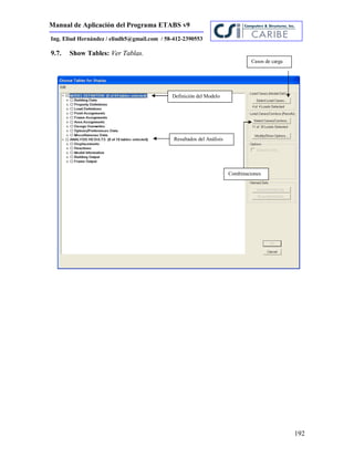 Manual de Aplicación del Programa ETABS v9
192
Ing. Eliud Hernández / eliudh5@gmail.com / 58-412-2390553
9.7. Show Tables: Ver Tablas.
Definición del Modelo
Resultados del Análisis
Casos de carga
Combinaciones
 