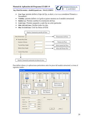 Manual de Aplicación del Programa ETABS v9
20
Ing. Eliud Hernández / eliudh5@gmail.com / 58-412-2390553
 Line Type: permite definir el tipo de Eje, es decir, si se va a considerar Primario o
Secundario.
 Visibility: permite definir si el grid se quiere mostrar en el modelo estructural.
 Bubble Loc: Permite cambiar la orientación del Eje.
 Grid Color: Permite asignarle a cada Eje un color particular.
 Hide All Grid Lines: Ocultar todos los ejes.
 Blue To Grid Lines: Unir las líneas al Grid.
Para definir alturas y/o aplicaciones particulares entre los pisos del modelo estructural, se tiene el
siguiente cuadro.
Dimensiones de Pisos
Número de Pisos
Altura del Primer Piso
Altura general de Pisos
Opción: Generación particular de alturas de piso
Opción: Generación sencilla de Pisos
Nombre de
cada Piso
Altura de
cada Piso
Definición de
Piso Maestro
Definición de
Pisos similares
Unidades
Altura del
Nivel Base
 