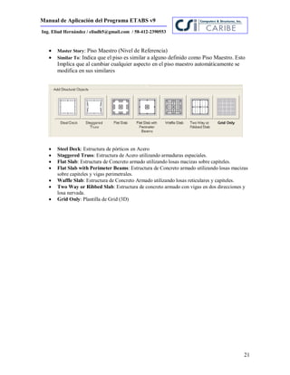 Manual de Aplicación del Programa ETABS v9
21
Ing. Eliud Hernández / eliudh5@gmail.com / 58-412-2390553
 Master Story: Piso Maestro (Nivel de Referencia)
 Similar To: Indica que el piso es similar a alguno definido como Piso Maestro. Esto
Implica que al cambiar cualquier aspecto en el piso maestro automáticamente se
modifica en sus similares
 Steel Deck: Estructura de pórticos en Acero
 Staggered Truss: Estructura de Acero utilizando armaduras espaciales.
 Flat Slab: Estructura de Concreto armado utilizando losas macizas sobre capiteles.
 Flat Slab with Perimeter Beams: Estructura de Concreto armado utilizando losas macizas
sobre capiteles y vigas perimetrales.
 Waffle Slab: Estructura de Concreto Armado utilizando losas reticulares y capiteles.
 Two Way or Ribbed Slab: Estructura de concreto armado con vigas en dos direcciones y
losa nervada.
 Grid Only: Plantilla de Grid (3D)
 