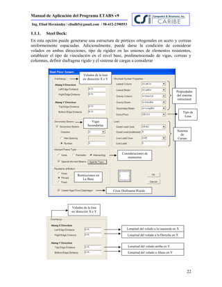 Manual de Aplicación del Programa ETABS v9
22
Ing. Eliud Hernández / eliudh5@gmail.com / 58-412-2390553
1.1.1. Steel Deck:
En esta opción puede generarse una estructura de pórticos ortogonales en acero y correas
uniformemente espaciadas. Adicionalmente, puede darse la condición de considerar
volados en ambas direcciones, tipo de rigidez en las uniones de elementos resistentes,
establecer el tipo de vinculación en el nivel base, predimensionado de vigas, correas y
columnas, definir diafragma rígido y el sistema de cargas a considerar
Longitud del volado a la izquierda en X
Longitud del volado a la Derecha en X
Longitud del volado arriba en Y
Longitud del volado a Abajo en Y
Volados de la losa
en dirección X e Y
Propiedades
del sistema
estructural
Tipo de
Losa
Sistema
de
Cargas
Vigas
Secundarias
Consideraciones de
momentos
Restricciones en
La Base
Volados de la losa
en dirección X e Y
Crear Diafragma Rígido
 