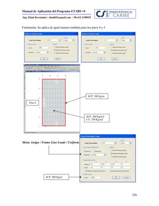 Manual de Aplicación del Programa ETABS v9
256
Ing. Eliud Hernández / eliudh5@gmail.com / 58-412-2390553
Finalmente, Se aplica de igual manera también para los pisos 4 y 5
Menu Assign / Frame Line Loads / Uniform.
SCP: 300 Kg/m2
CV: 250 Kg/m2
Piso 4
SCP: 500 Kg/m
SCP: 500 Kg/m
 