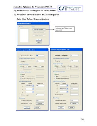 Manual de Aplicación del Programa ETABS v9
260
Ing. Eliud Hernández / eliudh5@gmail.com / 58-412-2390553
25) Procedemos a Definir los casos de Análisis Espectral.
Ruta: Menu Define / Response Spectrum
Agregar un Nuevo caso
espectral
 