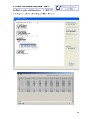 Manual de Aplicación del Programa ETABS v9
269
Ing. Eliud Hernández / eliudh5@gmail.com / 58-412-2390553
33.4) Seguimos la Ruta: (Menu Display / Show Tables.)
 