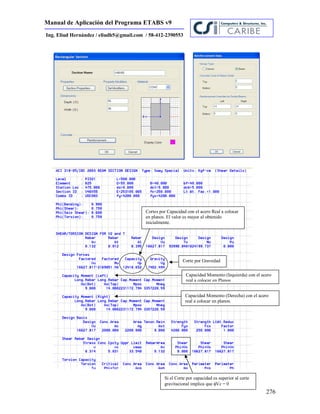 Manual de Aplicación del Programa ETABS v9
276
Ing. Eliud Hernández / eliudh5@gmail.com / 58-412-2390553
Cortes por Capacidad con el acero Real a colocar
en planos. El valor es mayor al obtenido
inicialmente.
Corte por Gravedad
Capacidad Momento (Izquierda) con el acero
real a colocar en Planos
Capacidad Momento (Derecha) con el acero
real a colocar en planos.
Si el Corte por capacidad es superior al corte
gravitacional implica que Vc = 0
 