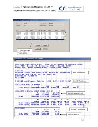 Manual de Aplicación del Programa ETABS v9
282
Ing. Eliud Hernández / eliudh5@gmail.com / 58-412-2390553
Coeficiente de
Suficiencia
Revisión a carga Axial
Revisión a Momentos
Revisión a Corte
Coef. de Suficiencia
Datos del Elemento
 