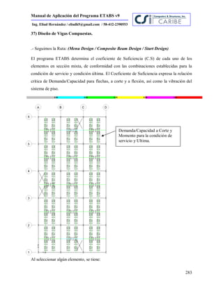 Manual de Aplicación del Programa ETABS v9
283
Ing. Eliud Hernández / eliudh5@gmail.com / 58-412-2390553
37) Diseño de Vigas Compuestas.
.- Seguimos la Ruta: (Menu Design / Composite Beam Design / Start Design)
El programa ETABS determina el coeficiente de Suficiencia (C.S) de cada uno de los
elementos en sección mixta, de conformidad con las combinaciones establecidas para la
condición de servicio y condición última. El Coeficiente de Suficiencia expresa la relación
crítica de Demanda/Capacidad para flechas, a corte y a flexión, así como la vibración del
sistema de piso.
Al seleccionar algún elemento, se tiene:
Demanda/Capacidad a Corte y
Momento para la condición de
servicio y Ultima.
 